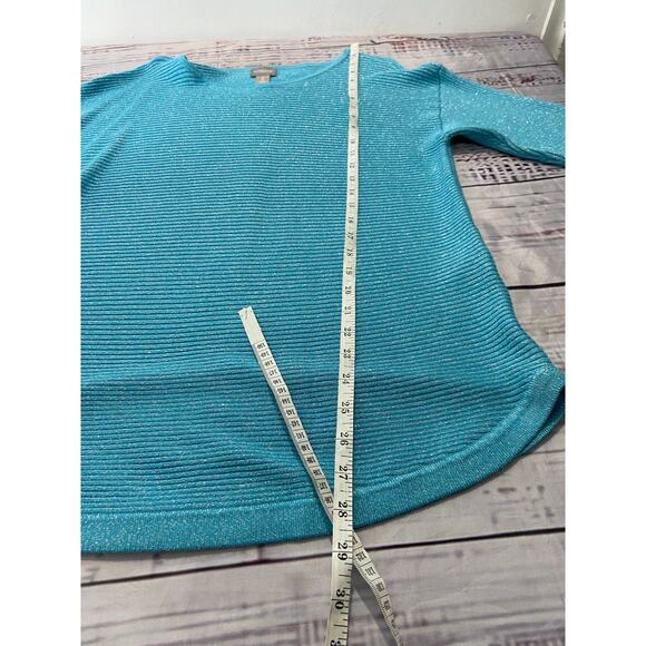 Chicos 2 Sweater Womens L Blue Metallic Shimmer Ribbed Knit 3/4 Sleeves Stretch - Picture 7 of 12